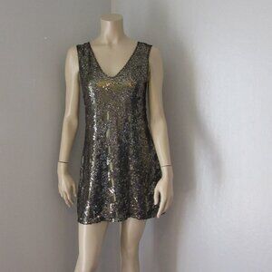 Express Black & Antique Gold Metallic Small Sleeveless Mini V-Neck Dress